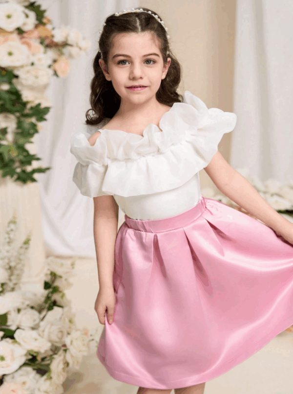 Young Girl Solid Color Off Shoulder Pleated Minimalist Top And Skirt Casual Set