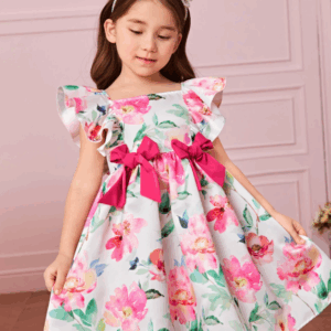 SHEIN Fern Glow Young Girl Floral Toddler Girls Floral Print Ruffle Trim Bow Front Dress