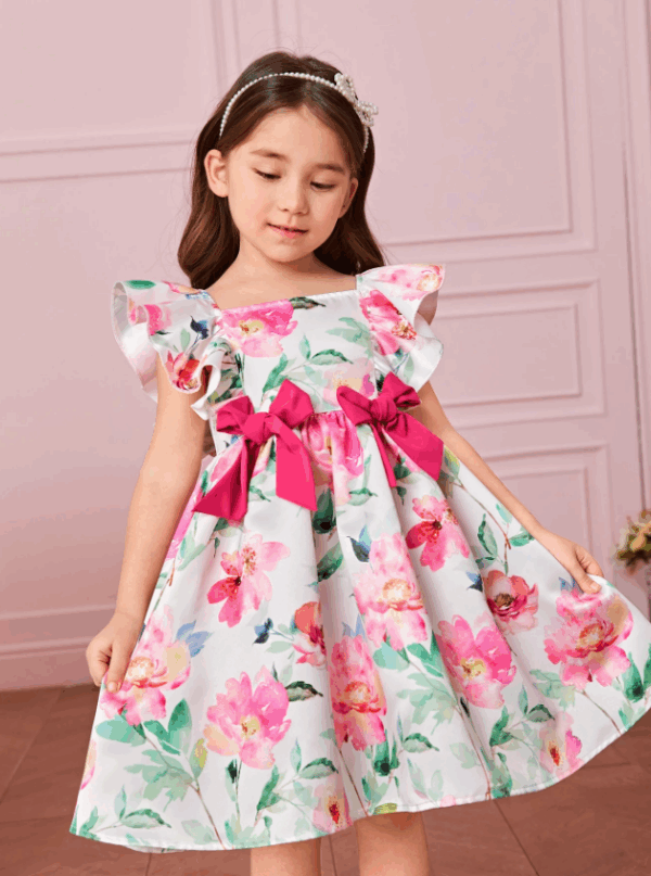 SHEIN Fern Glow Young Girl Floral Toddler Girls Floral Print Ruffle Trim Bow Front Dress